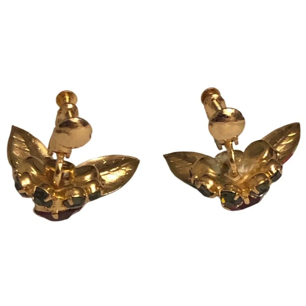 VTG Hobe 1965 Red Green Enameled Leaf Berries Rhinestone Brooch Earrings SET